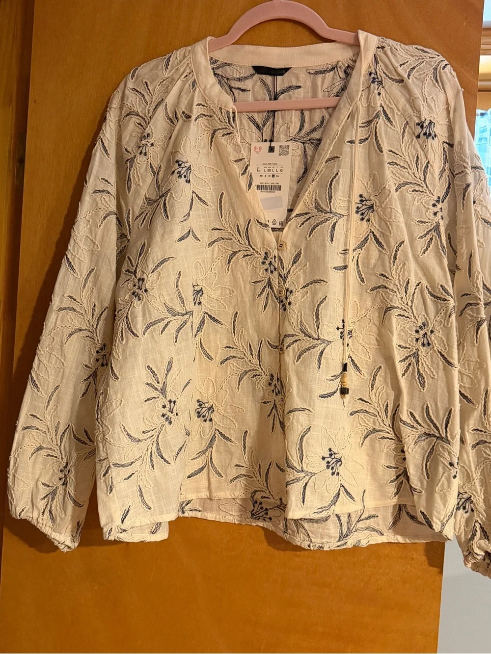 Zara Cream Blouse with Blue Floral Embroidery - Picture 1 of 6